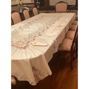 Vintage Tablecloth 12 Napkins Italy Hand made Cross Stitch Floral Multicolored